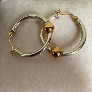 Two tone 925 Sterling silver and 14 k yellow gold ball Cape Cod Hoop earrings